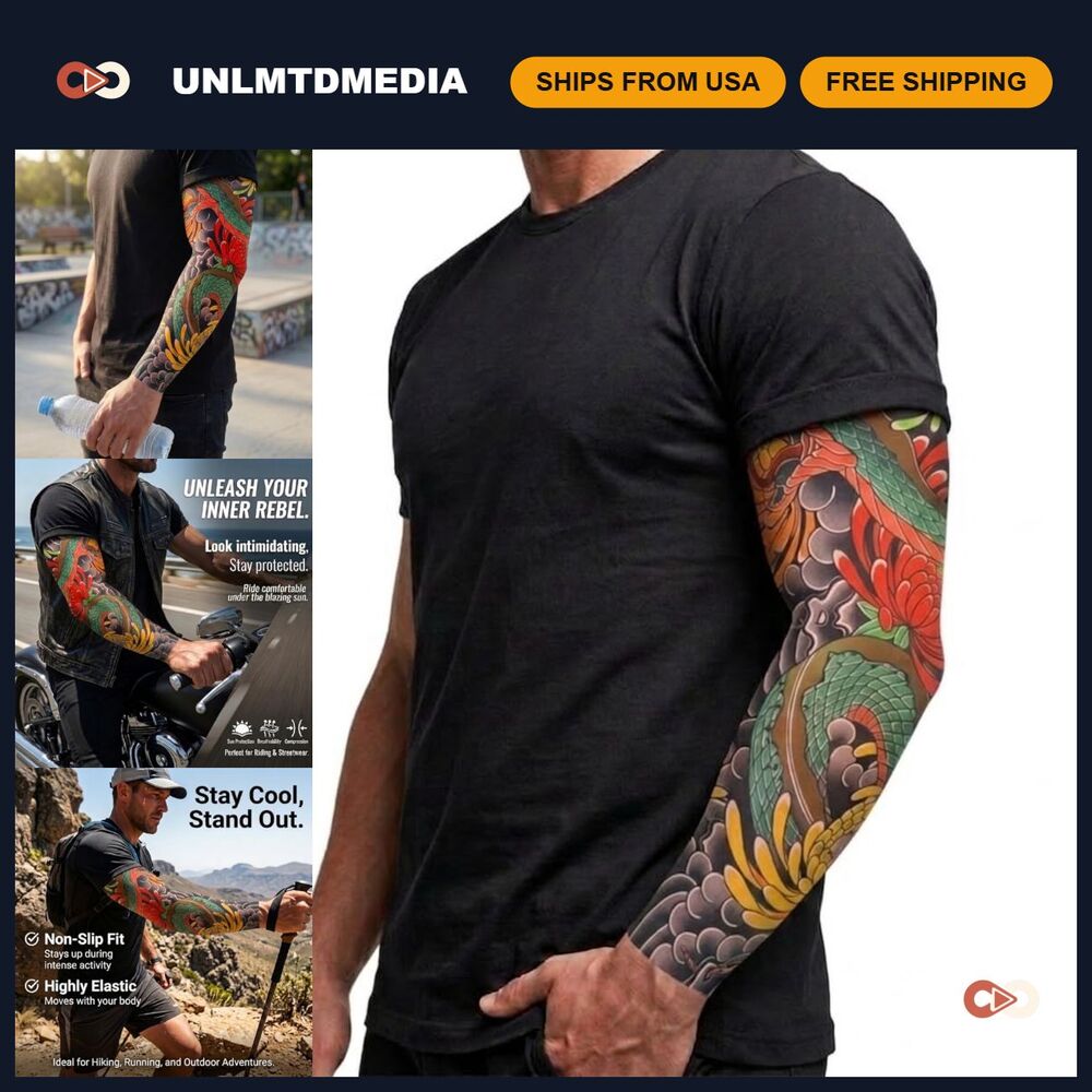 2 Pcs Tattoo Arm Sleeves - Tiger, Dragon & Crane Designs, UV Sun Protection